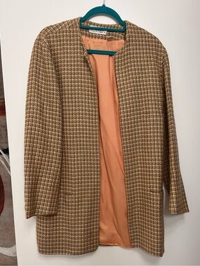 Ellen Tracy Vintage Tan & Cream Tweed Open-Front Jacket Blazer